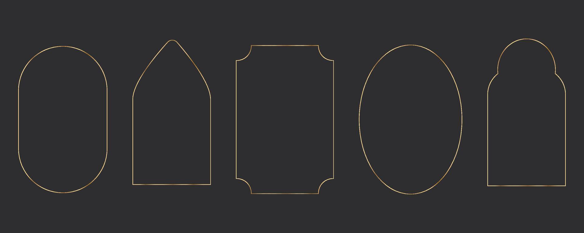 Set thin line golden minimal frames geometric shapes, arch border, elegant deco isolated on dark background. Simple luxury vintage. vector