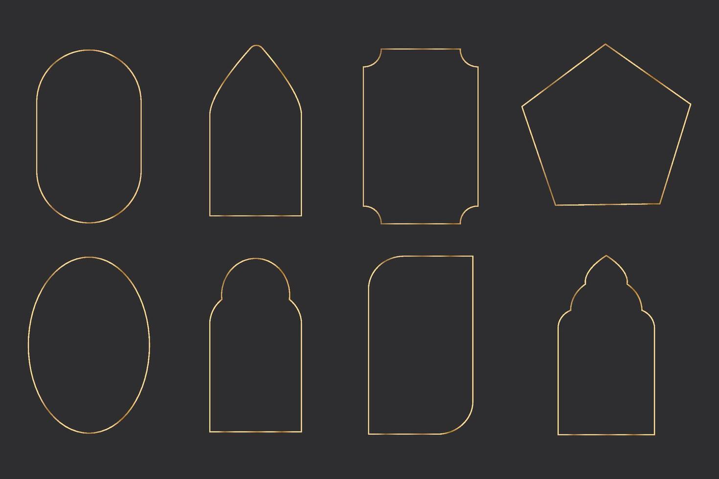 Set thin line golden minimal frames geometric shapes, arch border, elegant deco isolated on dark background. Simple luxury vintage. vector
