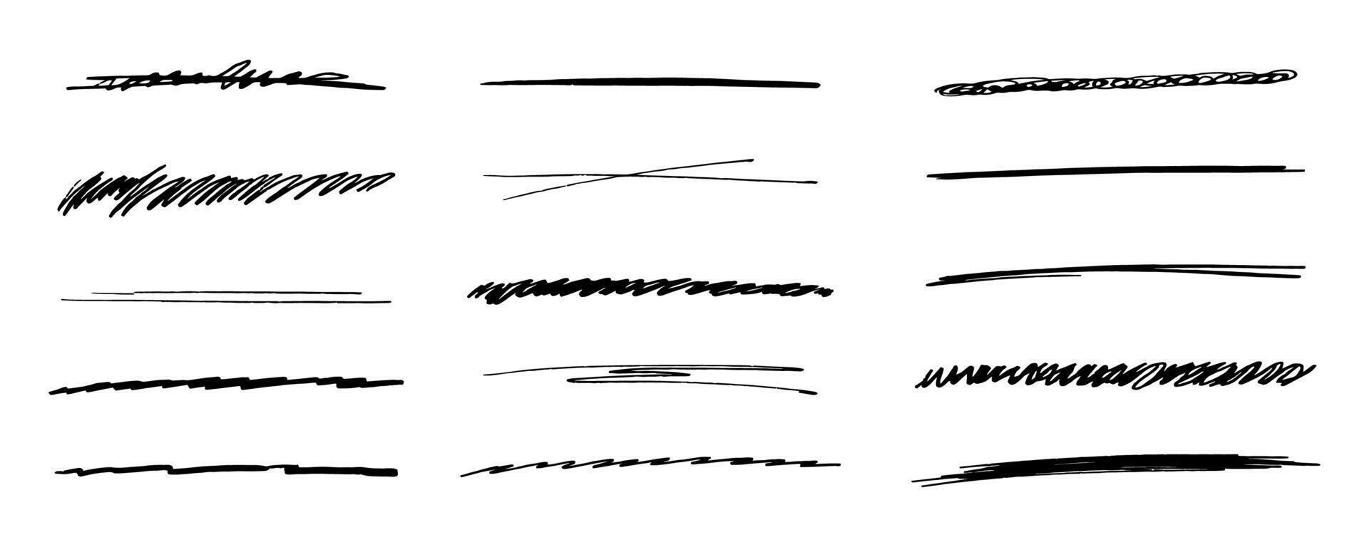 Underlines set brush stroke, marker lines grunge curve, wavy free hand marks textured simple borders strikethrough isolated on white background. Creative collection scribble brush or crayon checks vector