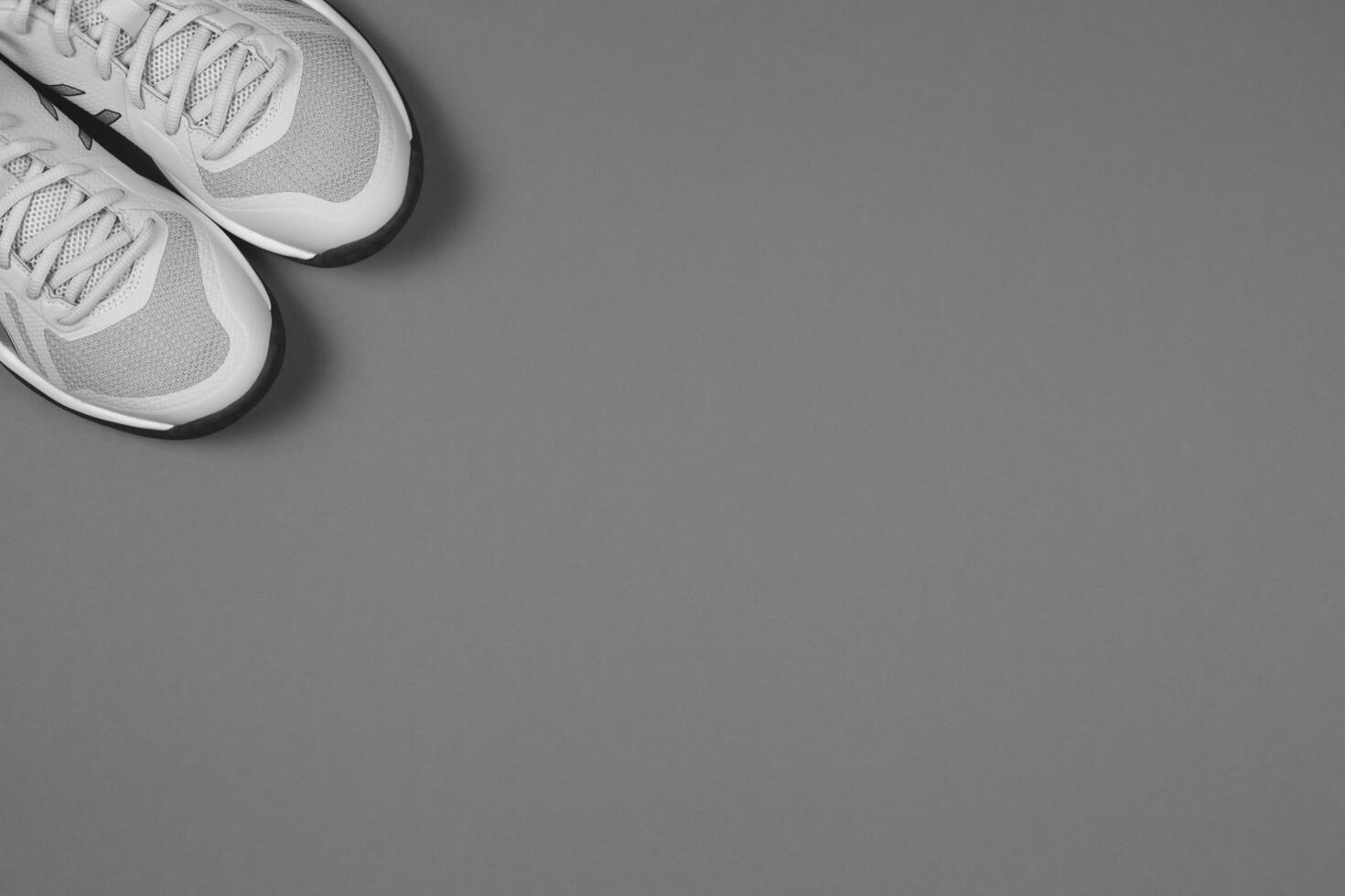 Light grey sneakers on the grey background. Concept for healthy lifestyle and everyday training. photo