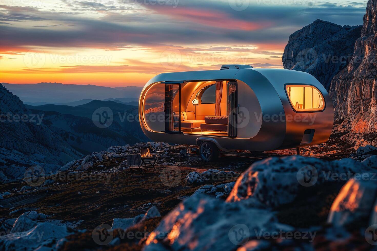 Futuristic camper at sunset in mountain range photo