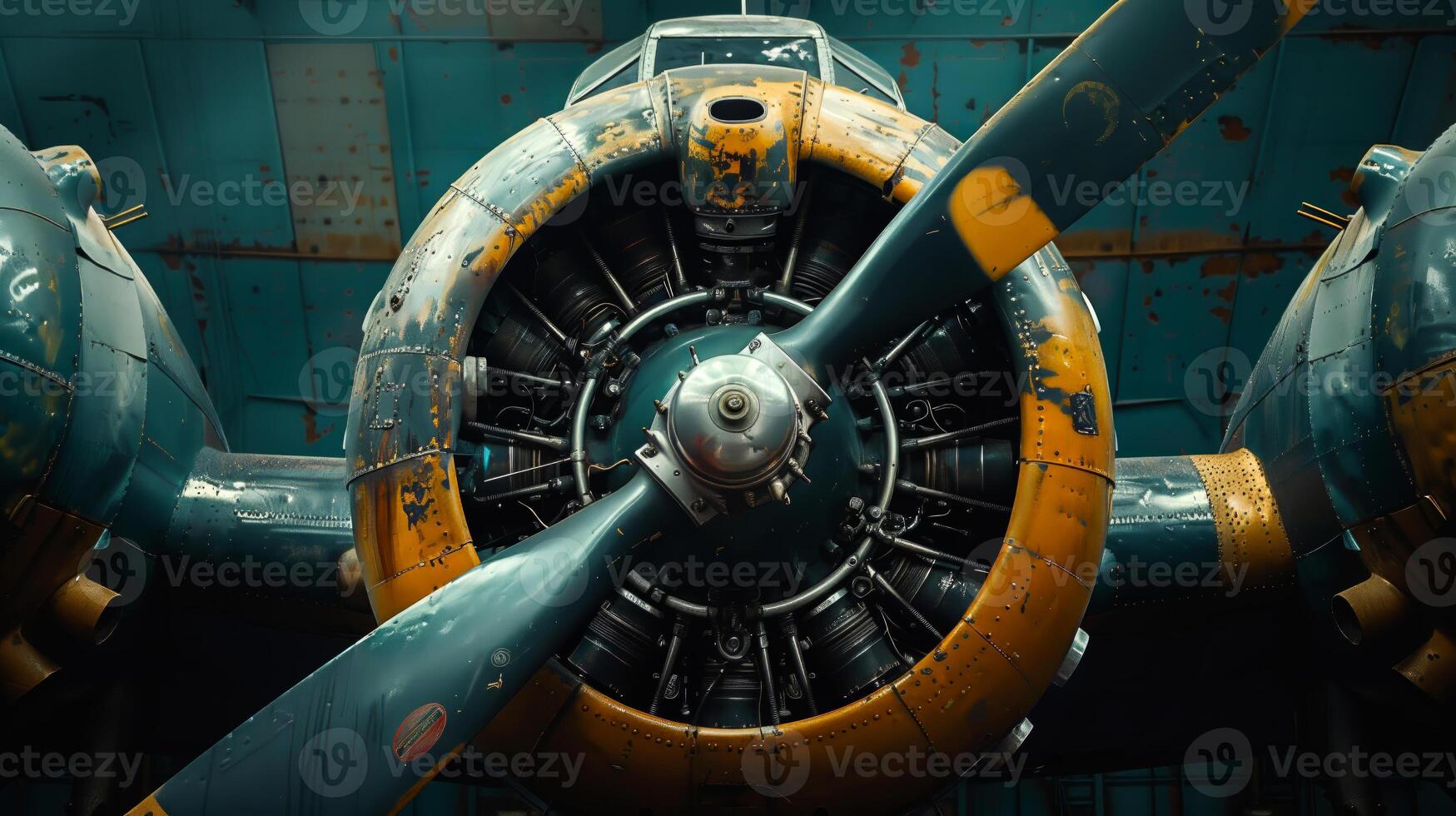 Detailed view of a classic warplane's radial engine and propeller with a retro aesthetic photo