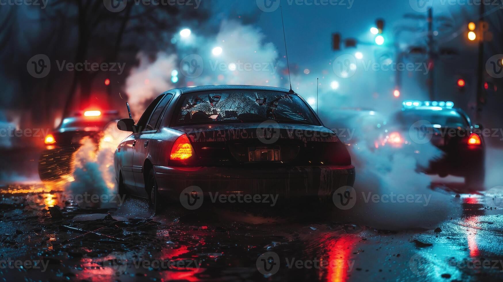Rainy night car breakdown with emergency lights photo