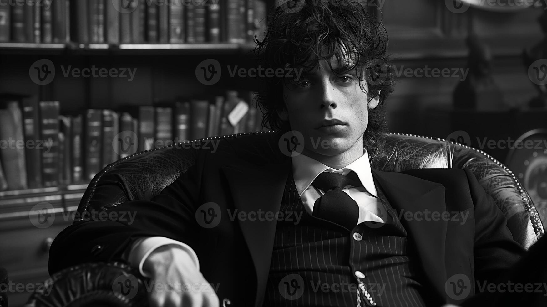 Black and white photo of a young man in a suit sitting in a classic library setting