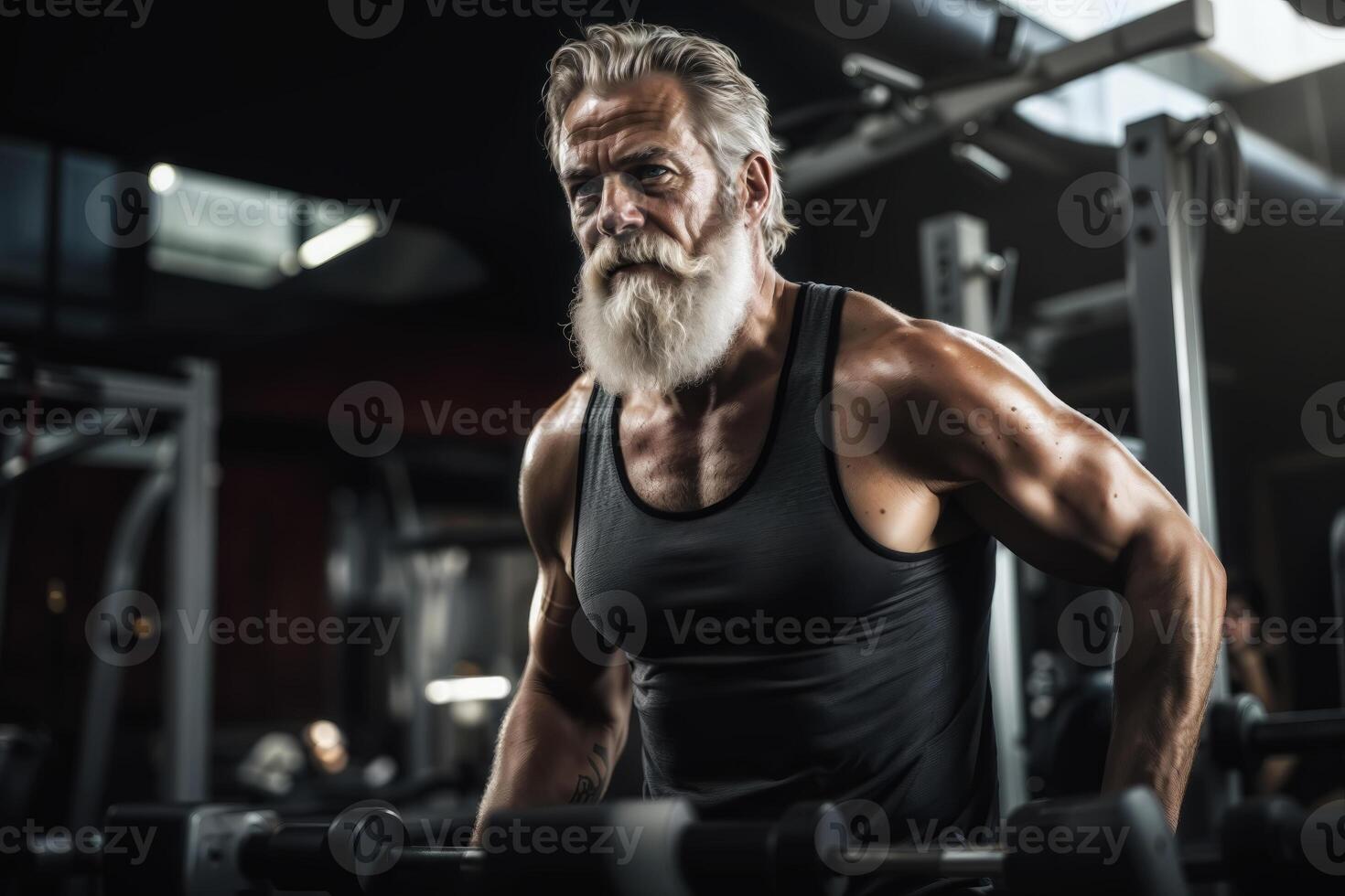 Senior man showcasing strength at gym photo