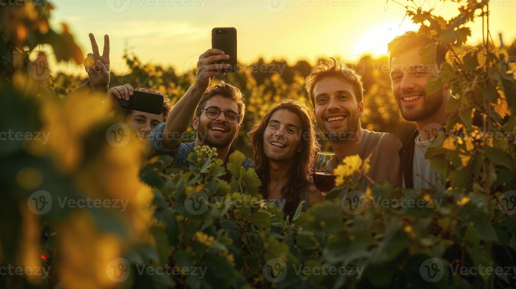 Joyful group of friends capturing a selfie in a vineyard at golden hour, with wine glasses photo