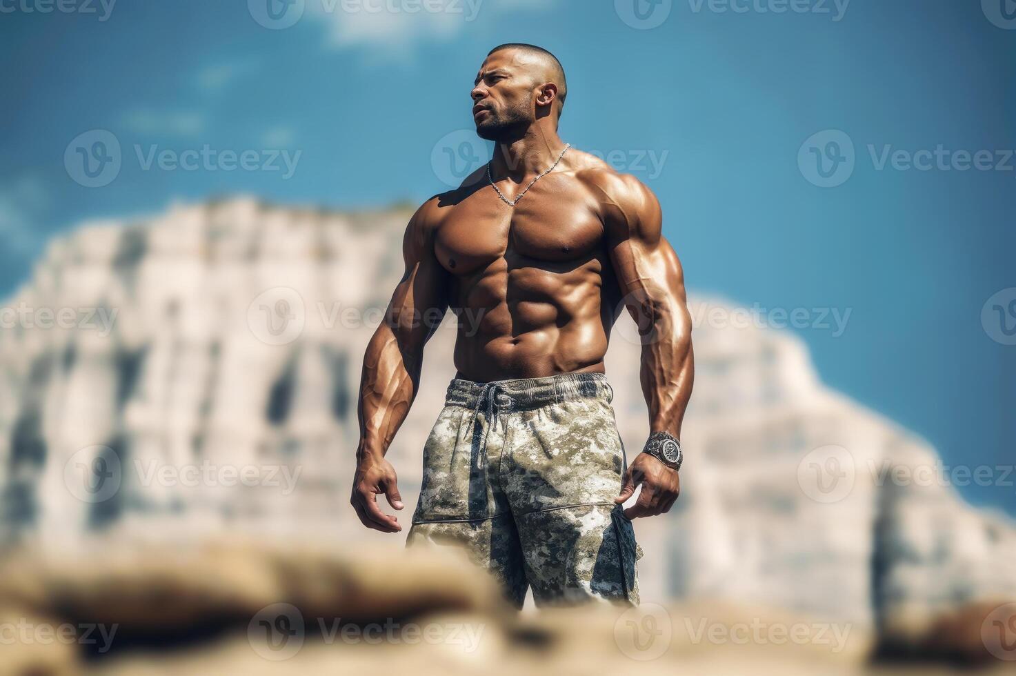 Fit male model with well defined muscles standing confidently outdoors photo