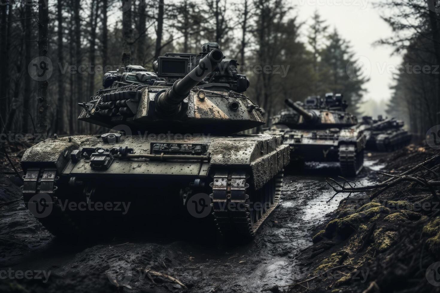 Convoy of camouflaged military tanks advances through a misty forest, showcasing military might photo