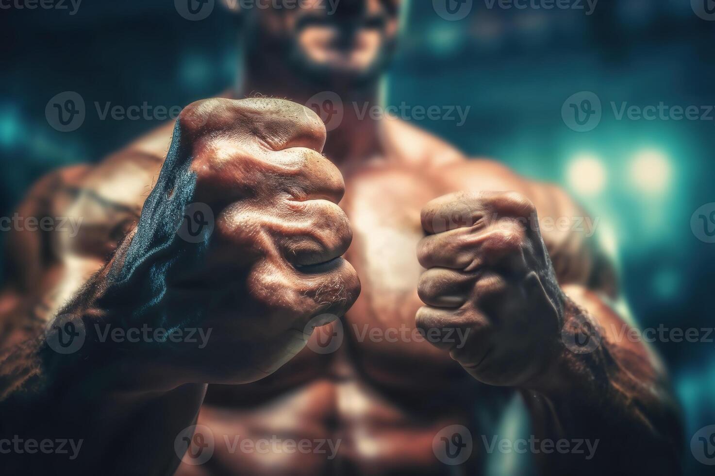 Powerful male fists clenched in determination with a focus on strength and fitness photo