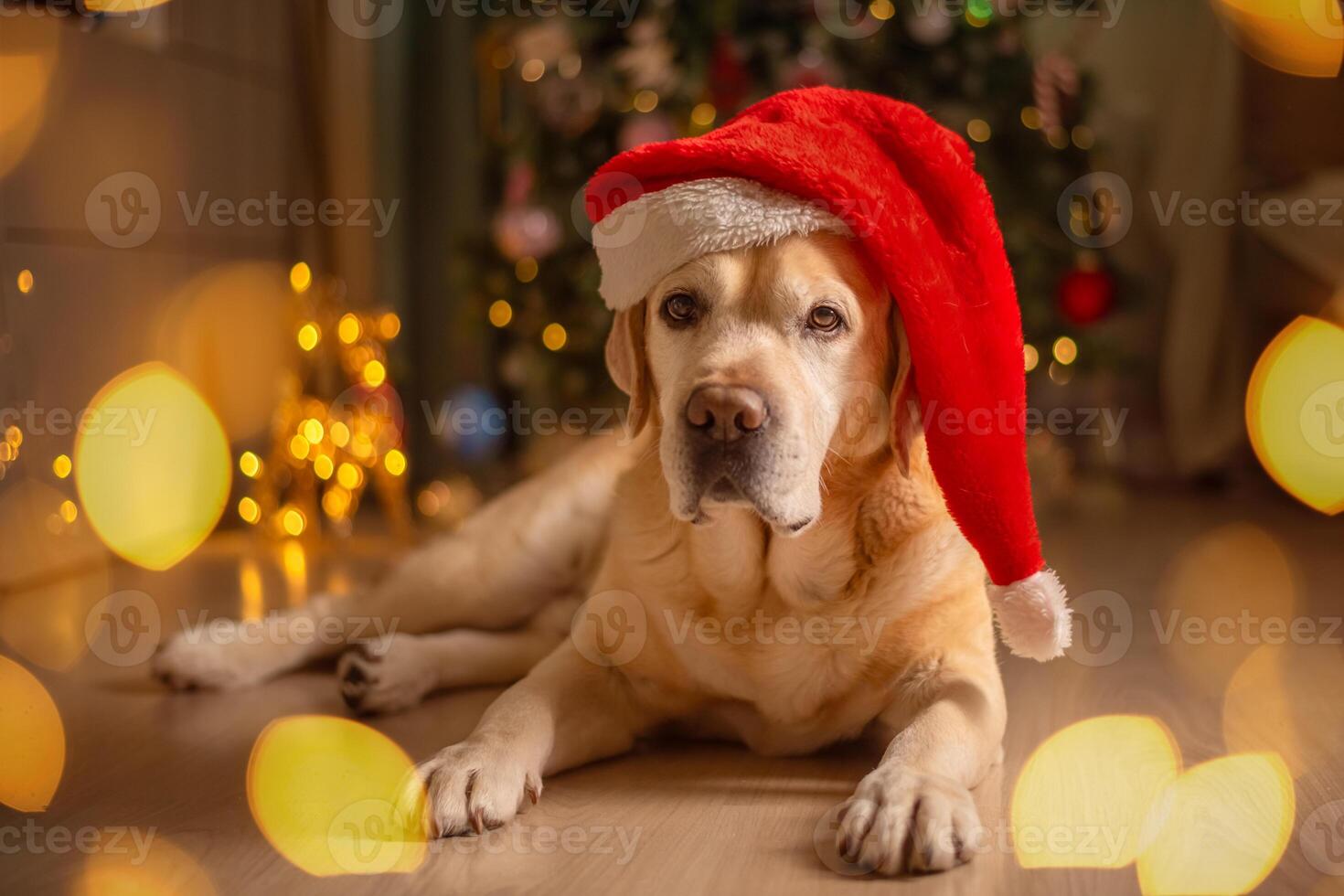 linda gracioso Labrador perro en un Papa Noel claus sombrero, gnomo en el antecedentes de un Navidad árbol. Navidad luces, Navidad saludo tarjeta foto