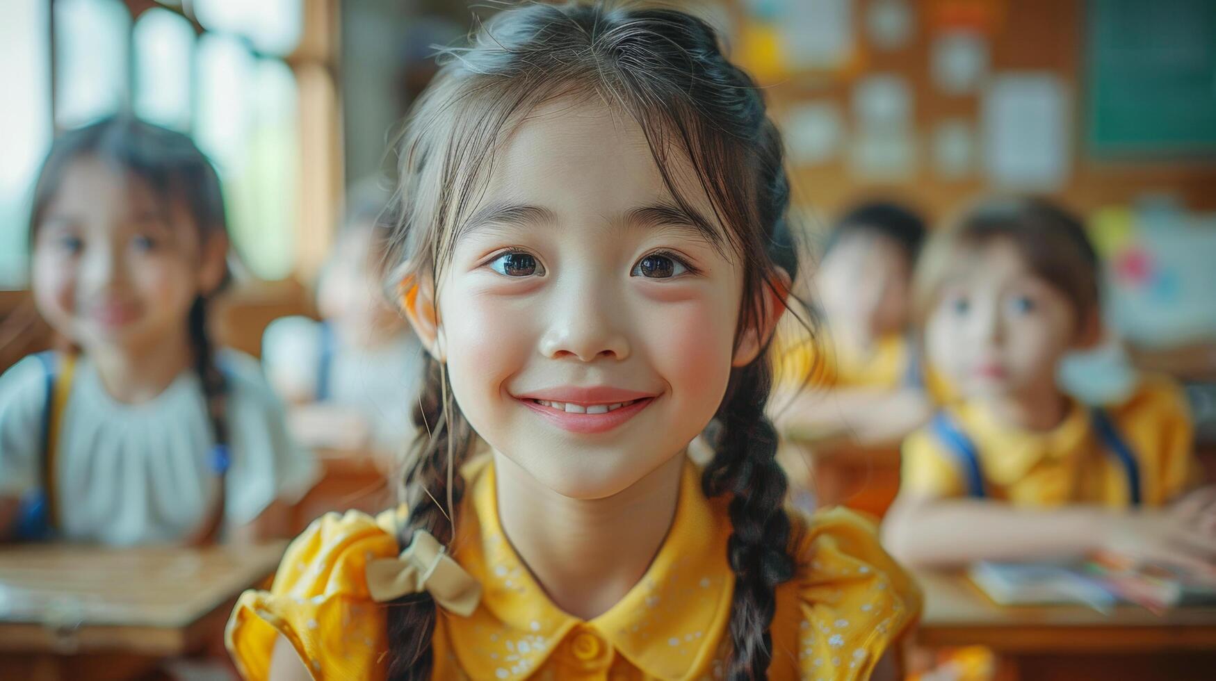 Close up happy smile Asian girl and children kids students are learning lesson in a classroom on back to school day. Education concept. AI-Generated photo