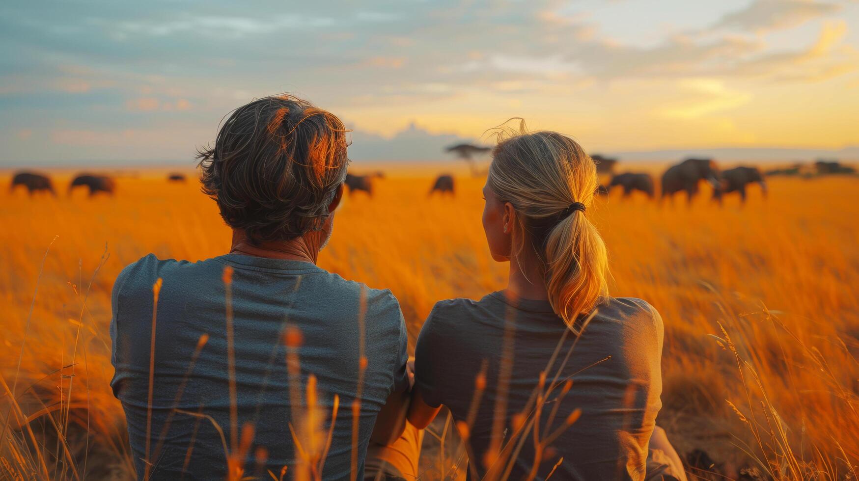 Silhouette Caucasian couple love is relaxing and sitting on grass field with destination travel adventure in sunset and wildlife of animals in zoo of safari in Africa. AI-Generated photo