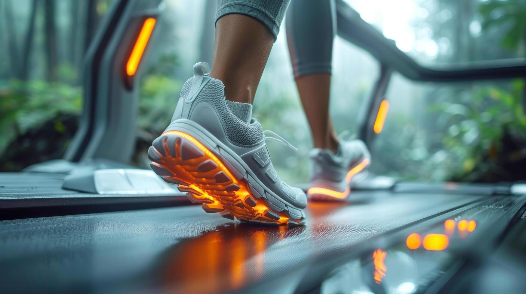 close up woman legs sportswear and running shoes is walking on a inclined treadmill at the speed at fitness. AI-Generated photo