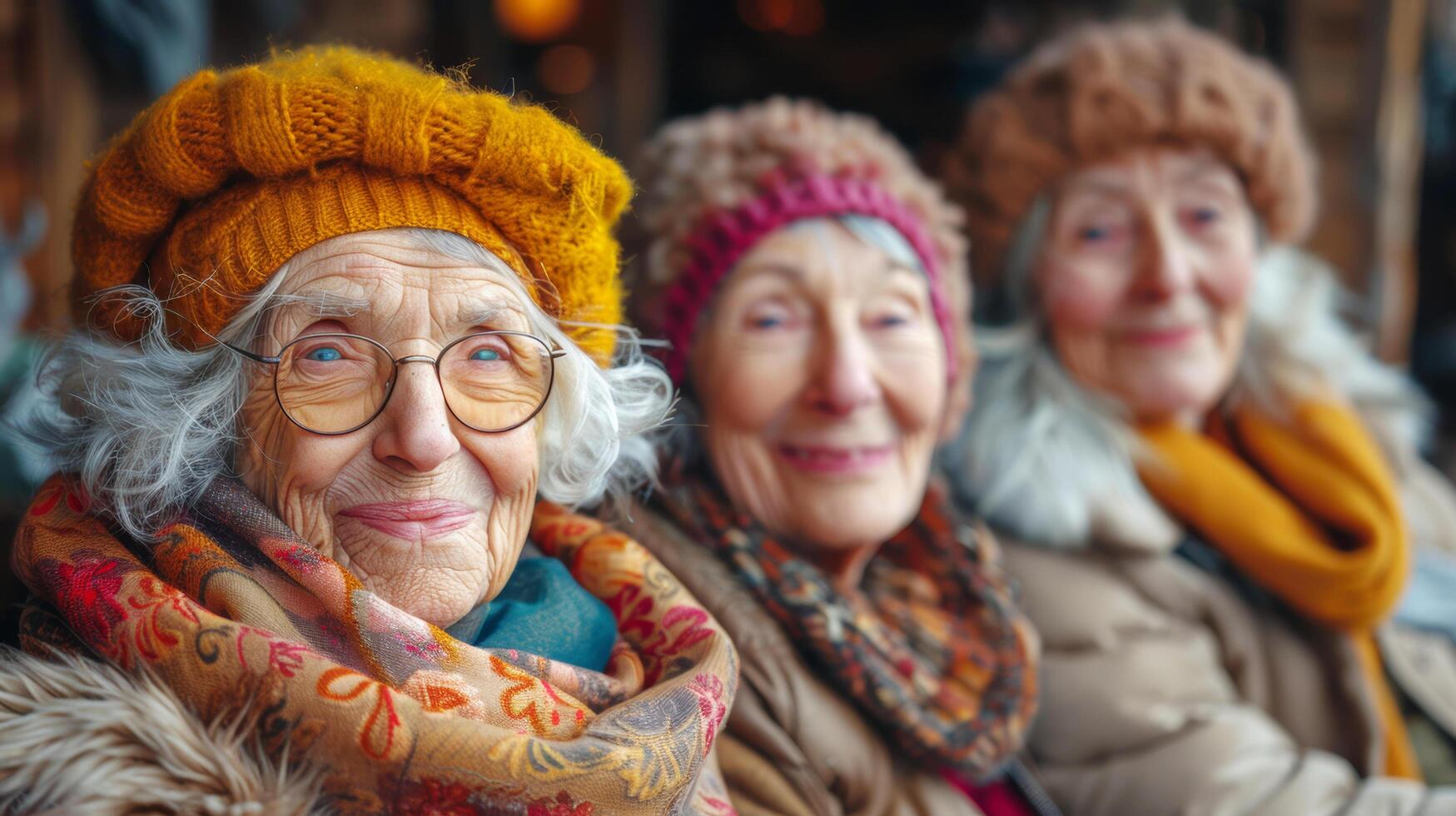 Caucasian Friends group of mature old women happy to pass time together and having fun in winter. AI-Generated photo