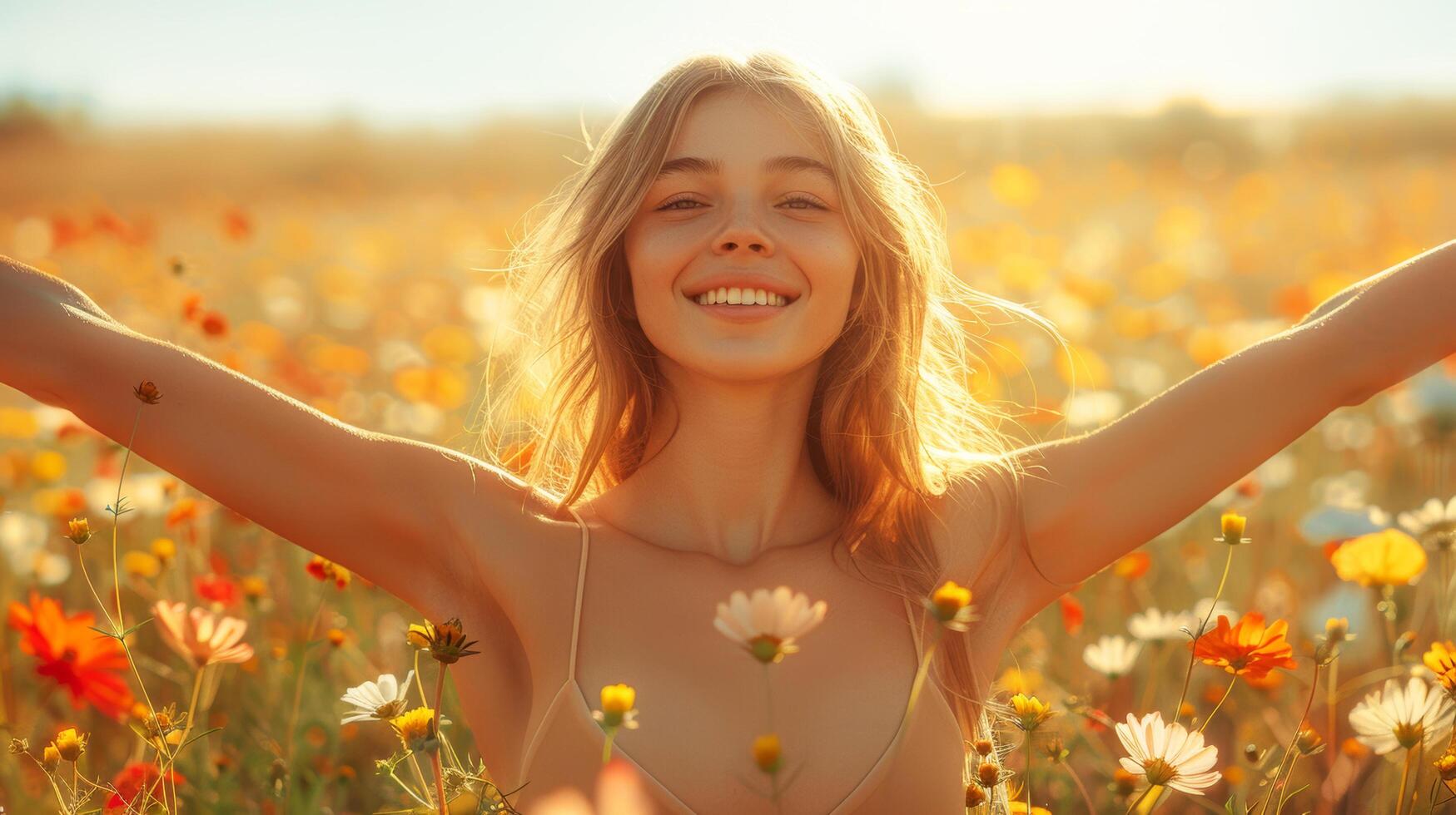 Gymnastics Caucasian girl sportswoman relaxing for spread arms in flower field and natural sunlight for good mental health and homeopathy with blue sky. AI-Generated photo
