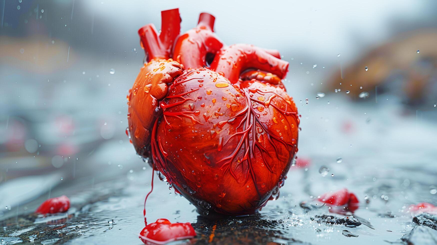Red heart model with blood and dew droplet in the rainy season for motivation and volitation hope. AI-Generated photo