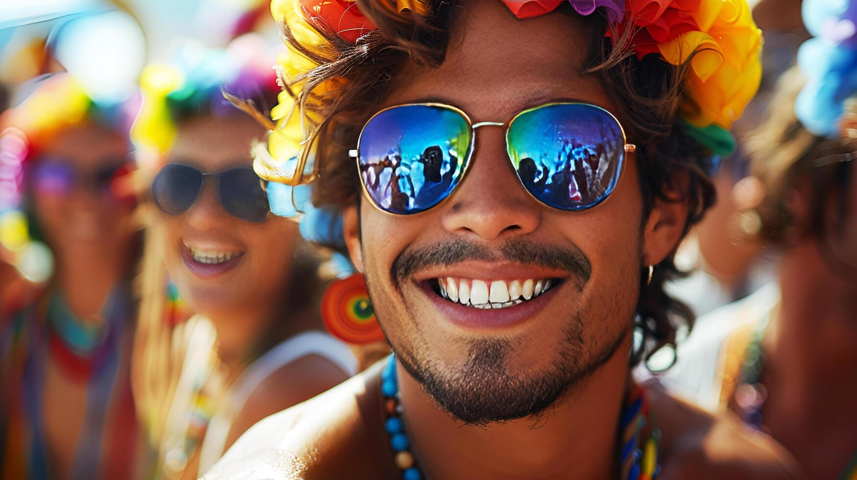 Caucasian male gay in sunglasses is smile and having fun at the LGBTQ with rainbow colorful flags in celebrate pride mouth parade. AI-Generated photo