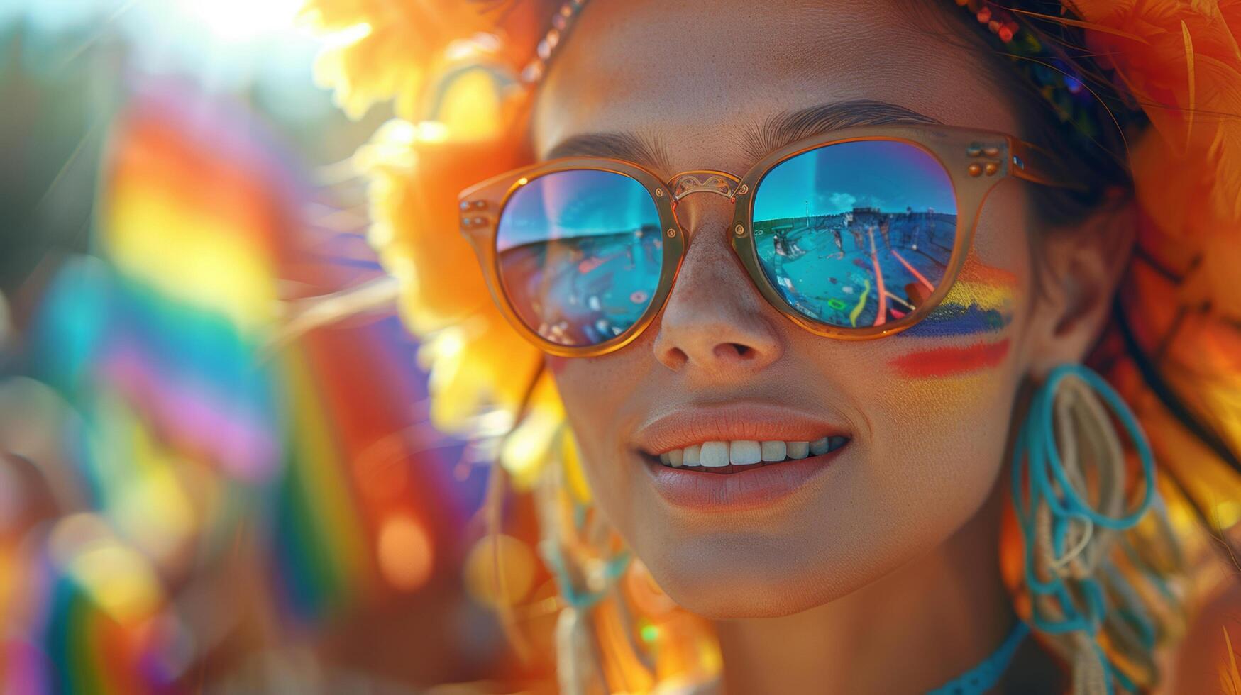 Caucasian female lesbian in sunglasses is smile and having fun at the LGBTQ with rainbow colorful flags in celebrate pride mouth parade. AI-Generated photo