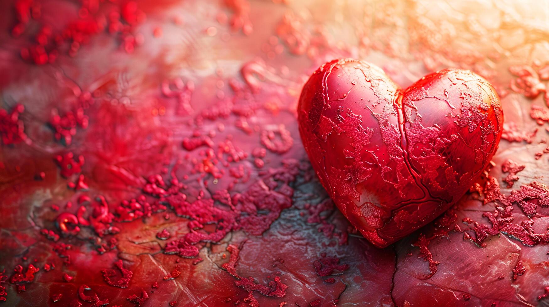 Red heart model with blood on the floor. AI-Generated photo