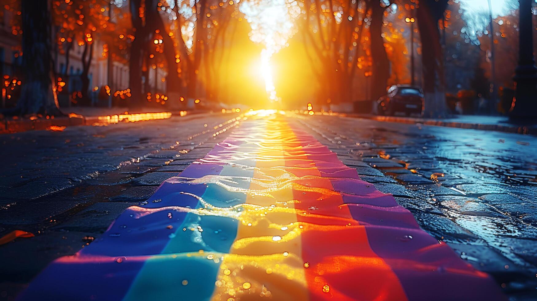 Vibrant colors with sparkling light glitter effect of rainbow flag on the street for celebrate pride month of LGBT community. AI-Generated photo