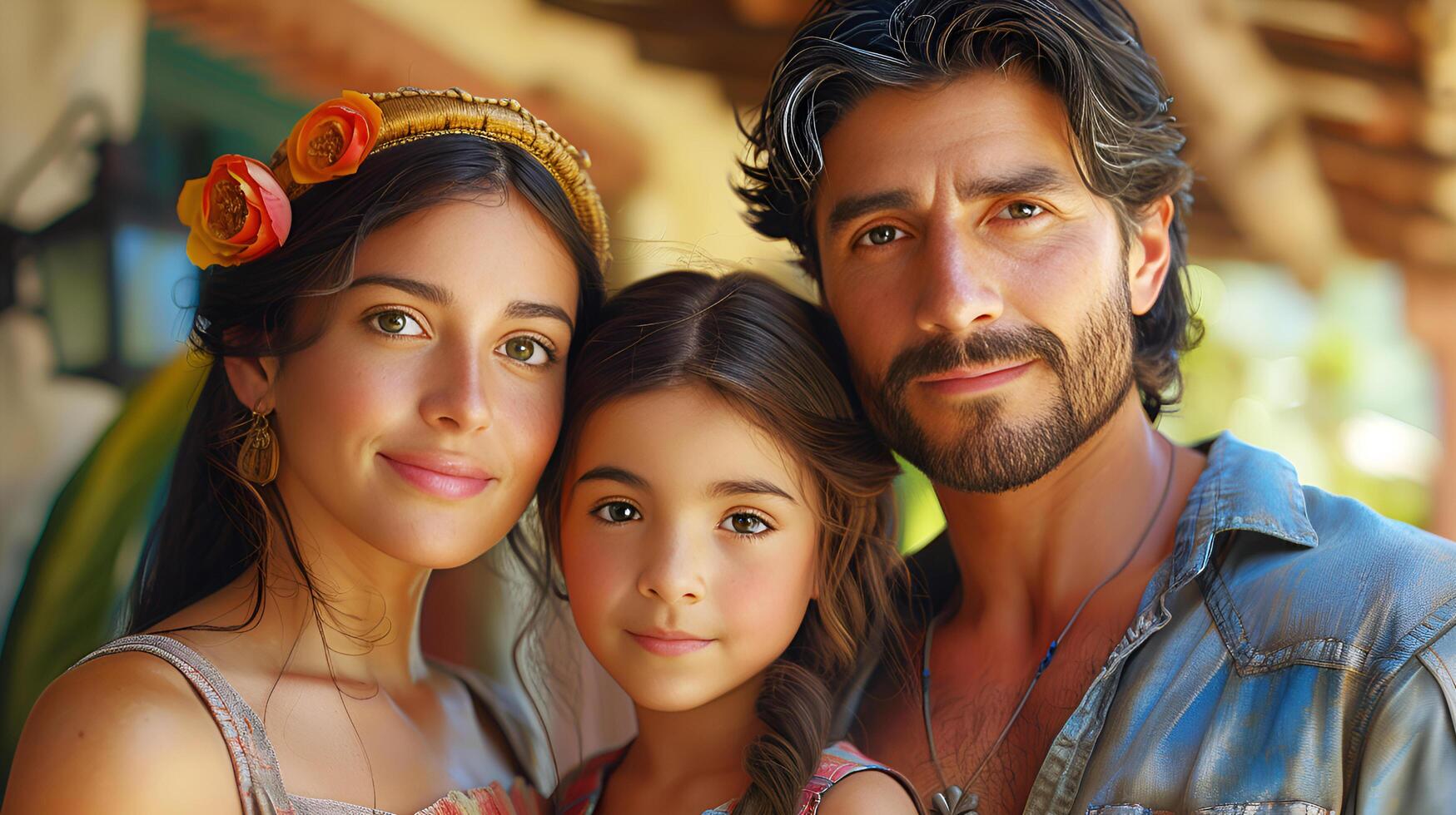 Portrait of a latin american family with parents and cute child toddler kid at happy home. AI-Generated photo