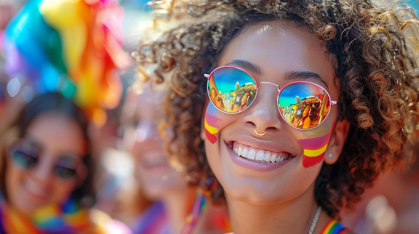 African Ameracan female lesbian in sunglasses is smile and having fun at the LGBTQ with rainbow colorful flags in celebrate pride mouth parade. AI-Generated photo