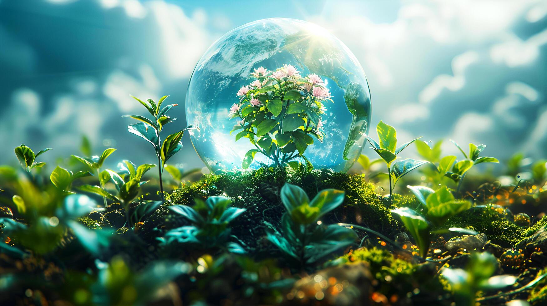 Clear bubble glass globe and tree sapling It represents the conservation of natural resources and the environment. World ozone day. AI-Generated photo