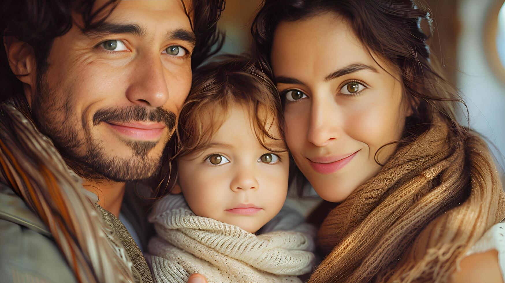 Portrait of a latin american family with parents and cute child toddler kid at happy home. AI-Generated photo