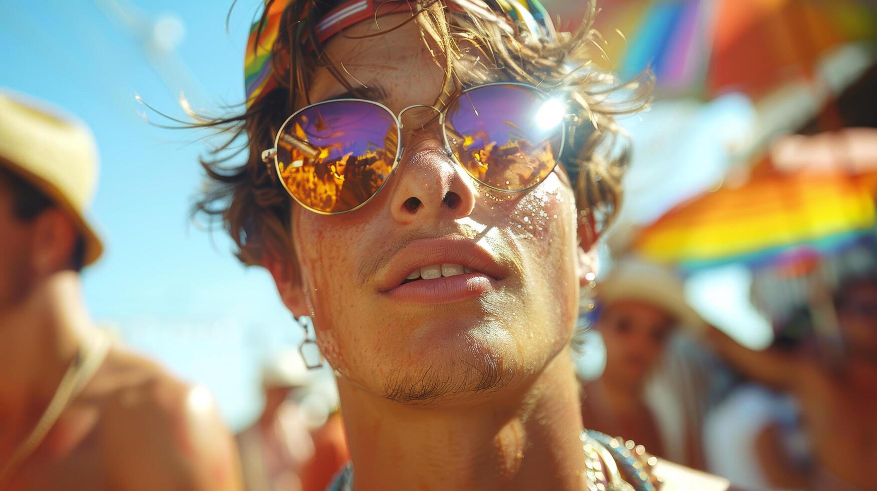 Caucasian male gay in sunglasses is smile and having fun at the LGBTQ with rainbow colorful flags in celebrate pride mouth parade. AI-Generated photo