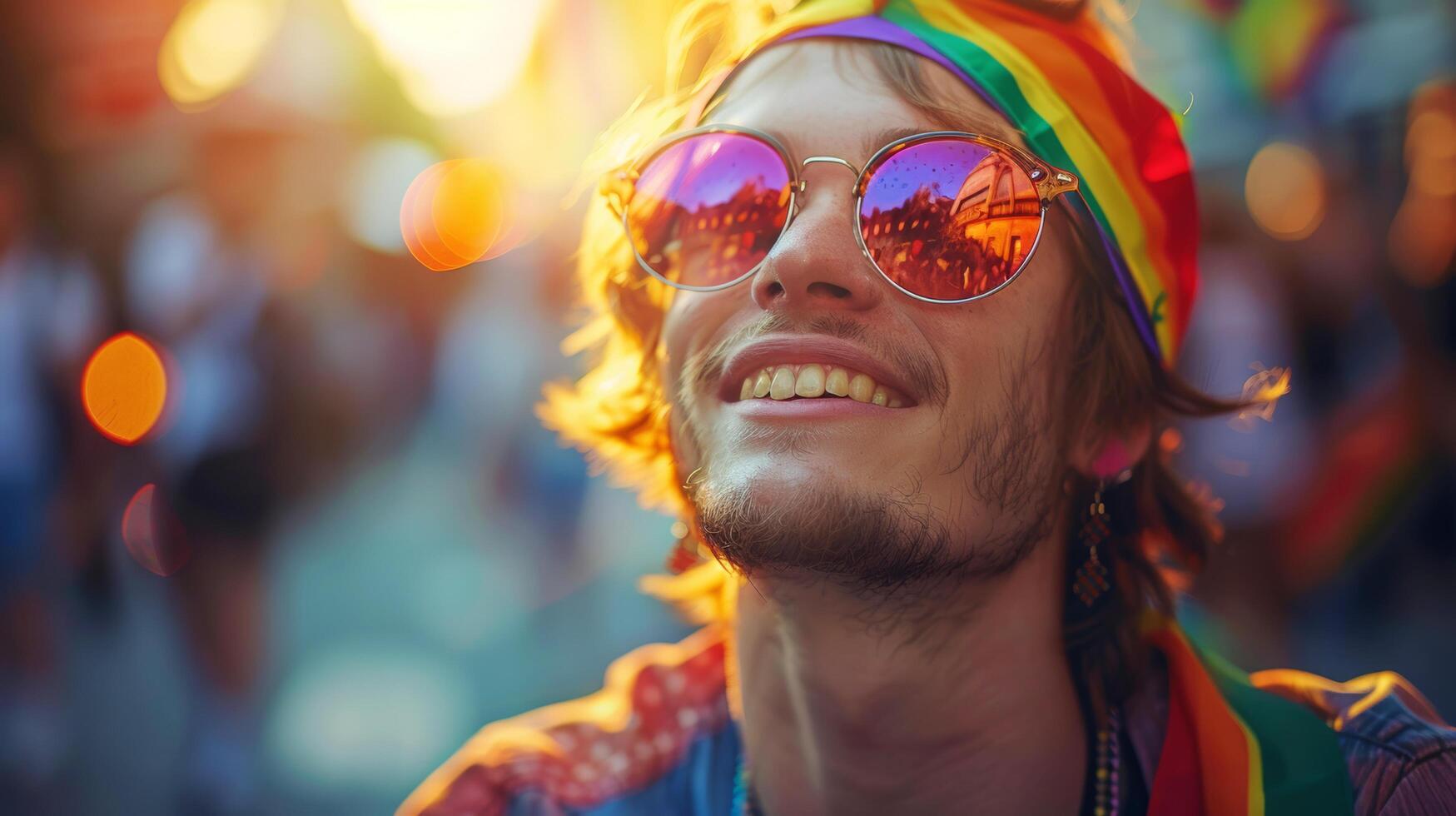 Caucasian male gay in sunglasses is smile and having fun at the LGBTQ with rainbow colorful flags in celebrate pride mouth parade. AI-Generated photo