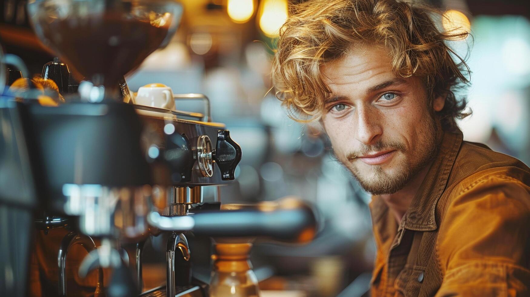 Handsome Caucasian barista young man with apron smiling and working in coffee shop and preparing coffee in cafe. AI-Generated photo