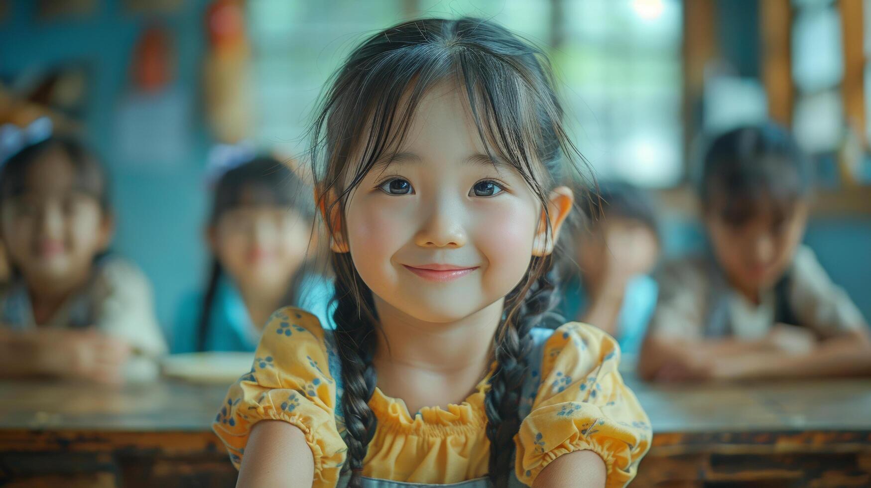 Close up happy smile Asian girl and children kids students are learning lesson in a classroom on back to school day. Education concept. AI-Generated photo