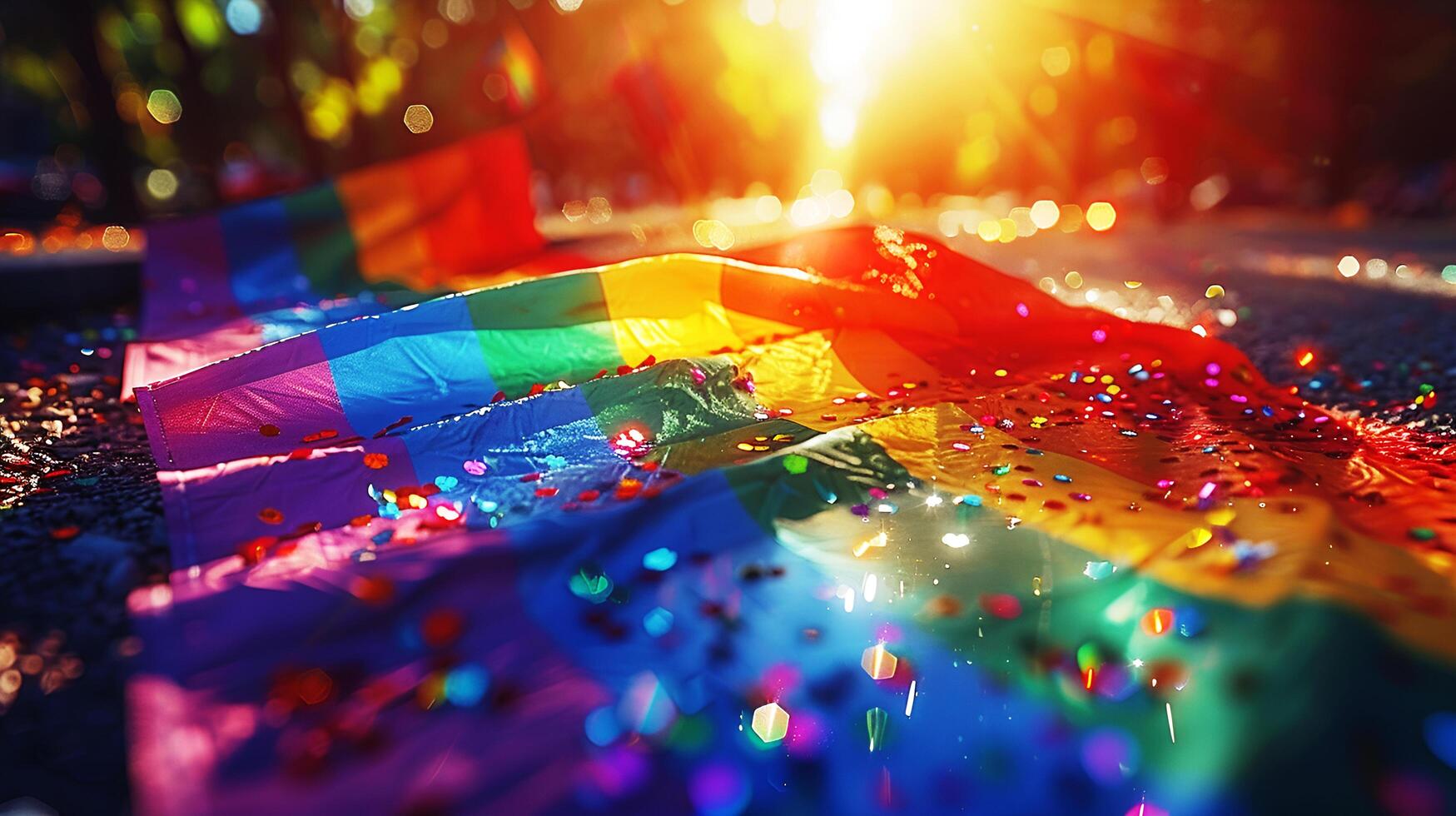 Vibrant colors with sparkling light glitter effect of rainbow flag on the street for celebrate pride month of LGBT community. AI-Generated photo