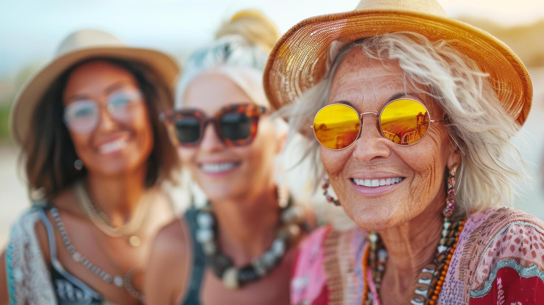 Caucasian Friends group of elderly women with vintage sunglasses is happy traveling and looking at sunset on the beach during summer with friend in sea trip on holiday. AI-Generated photo