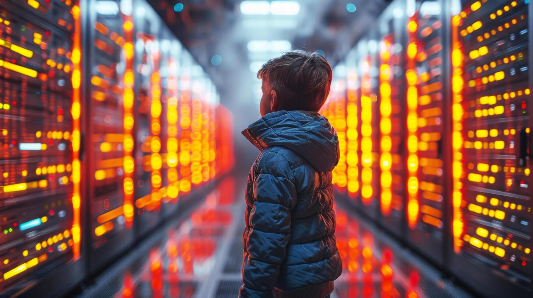 Caucasian Cute little boy kid is learning about science machine and cyber space in learning futuristic technology center. Education concept. AI-Generated photo