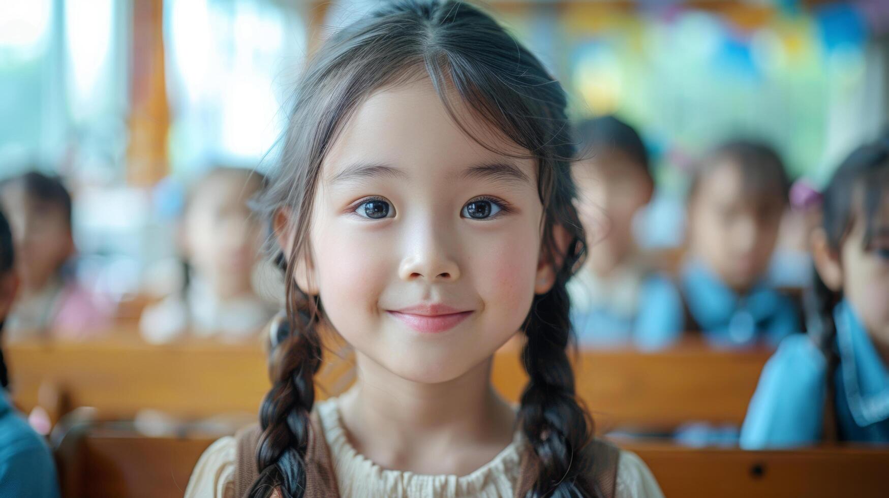 Close up happy smile Asian girl and children kids students are learning lesson in a classroom on back to school day. Education concept. AI-Generated photo