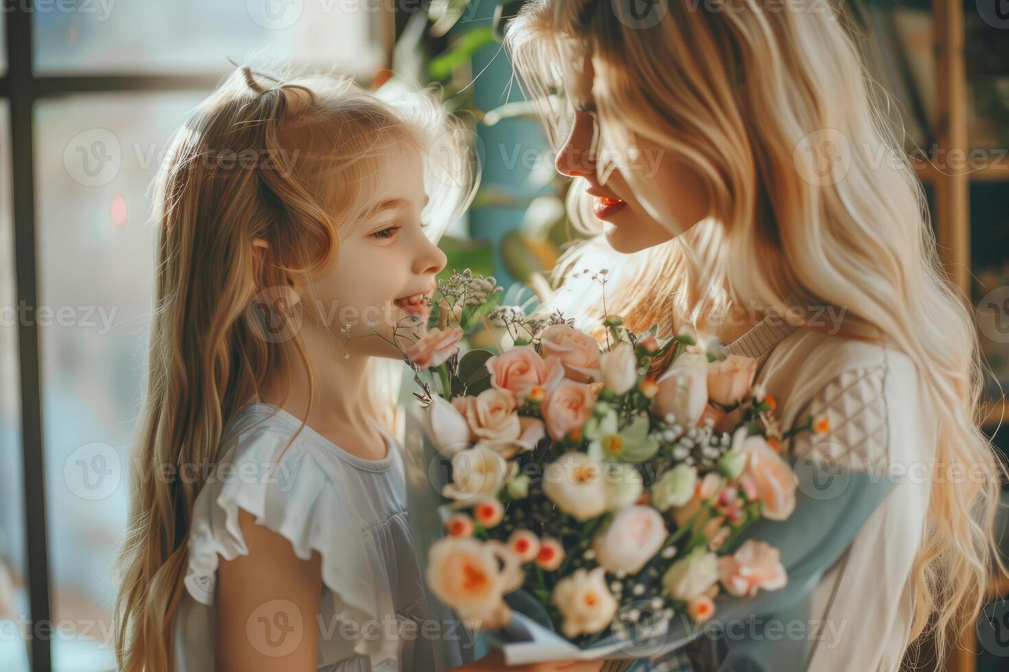 Little cute daughter gives her mom a bouquet of flowers, mother's day, holiday, entertainment, birthday photo