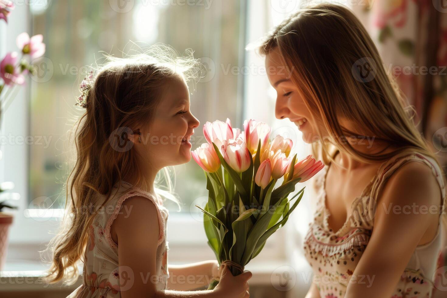 Little cute daughter gives her mom a bouquet of flowers, mother's day, holiday, entertainment, birthday photo
