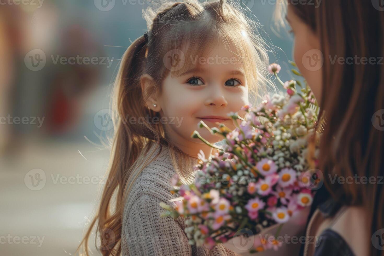 Little cute daughter gives her mom a bouquet of flowers, mother's day, holiday, entertainment, birthday photo