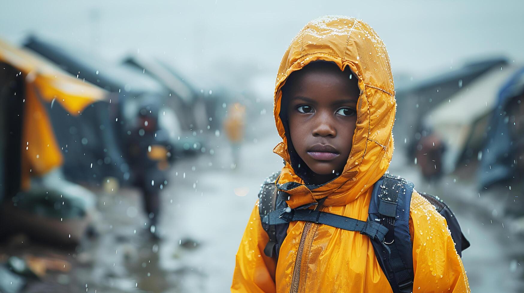An African boy volunteer in a yellow jacket hood is a war refugee in a refugee camp in the rain. Poverty and lack of resources. AI-Generated photo