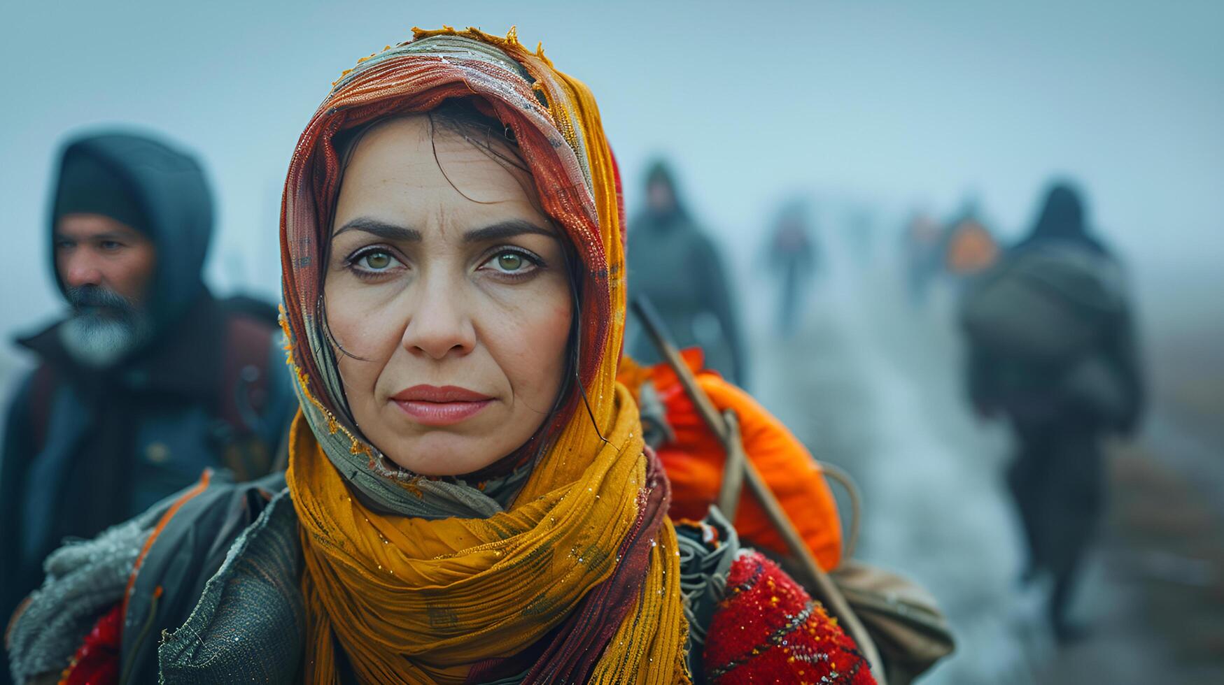 Senior middle-eastern muslim migrant tribal woman with hijab headscarf. World Refugee Day. integration into society, world volunteer day. AI-Generated photo