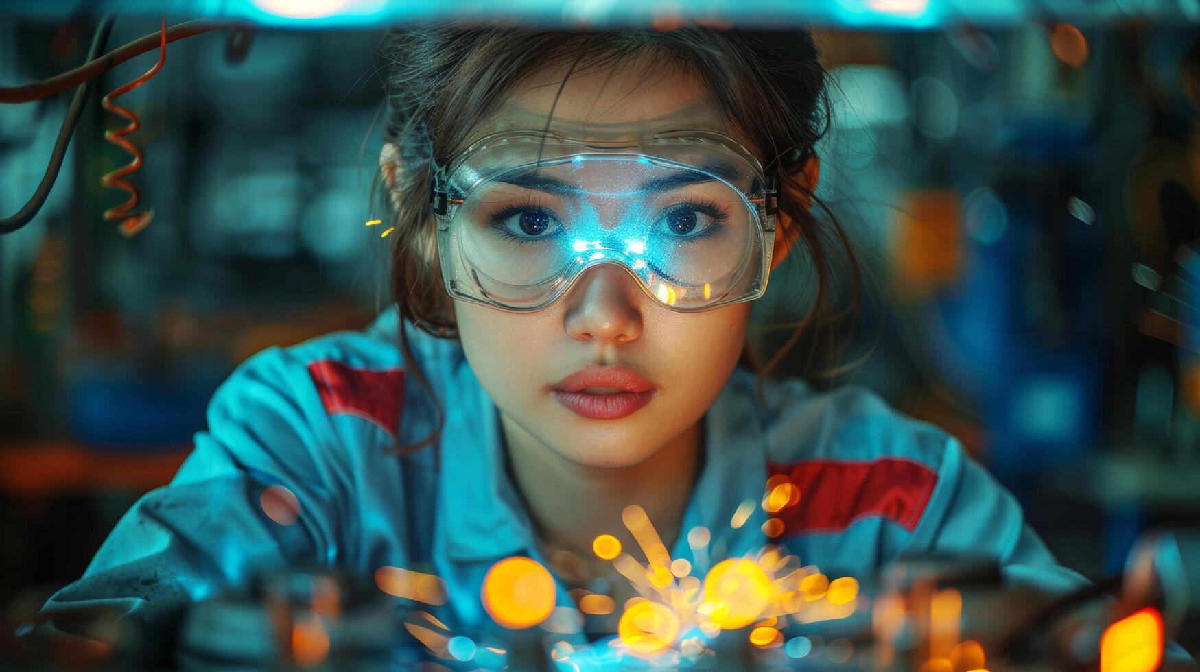 Industrial engineer Asian woman in uniform works as a welder in workshop operating welding machine in factory. AI-generated photo