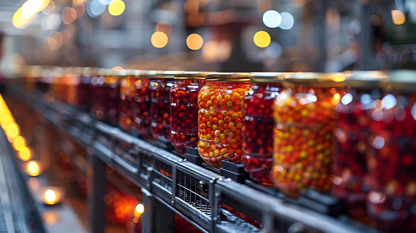 Industrial production line of canned food on clean light tinned products factory. Metal packaging food industry in conveyor machine. AI-generated photo