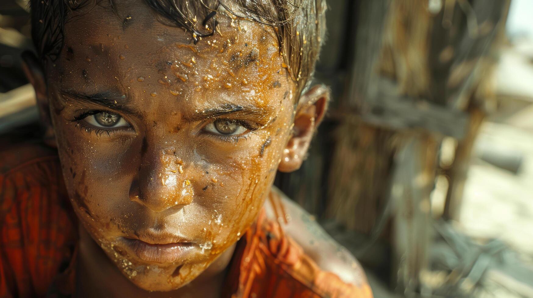 Middle eastern muslim boy volunteer body is dirty and ragged is a war refugee in a refugee camp. Poverty and lack of resources. AI-Generated photo