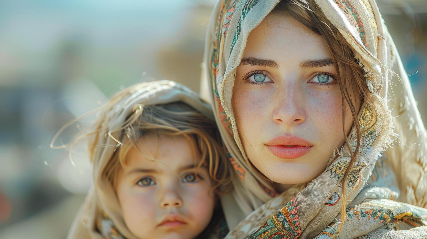 Middle eastern muslim migrant tribal mother and child is a war refugee in a refugee camp in the rain. Poverty and lack of resources. AI-Generated photo