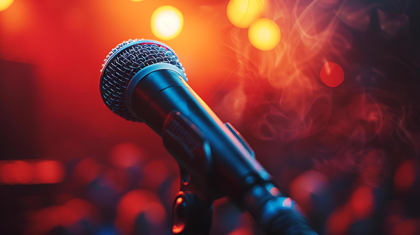 Close-up of a microphone and a blurry background of a crowd of concertgoers or a political speech to people in front of the stage. AI-generated photo
