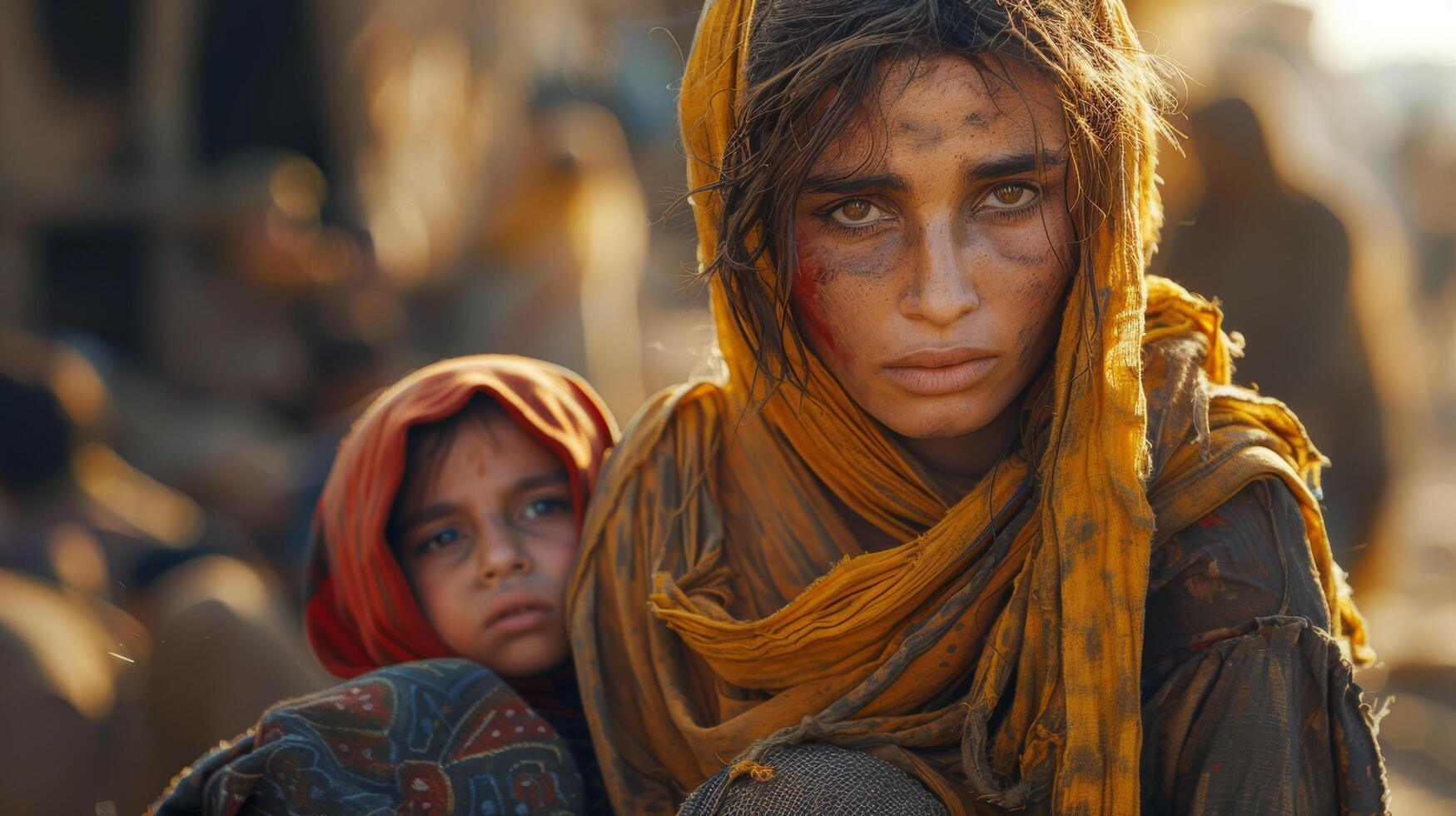 Middle eastern muslim migrant tribal mother and child is a war refugee in a refugee camp in the rain. Poverty and lack of resources. AI-Generated photo