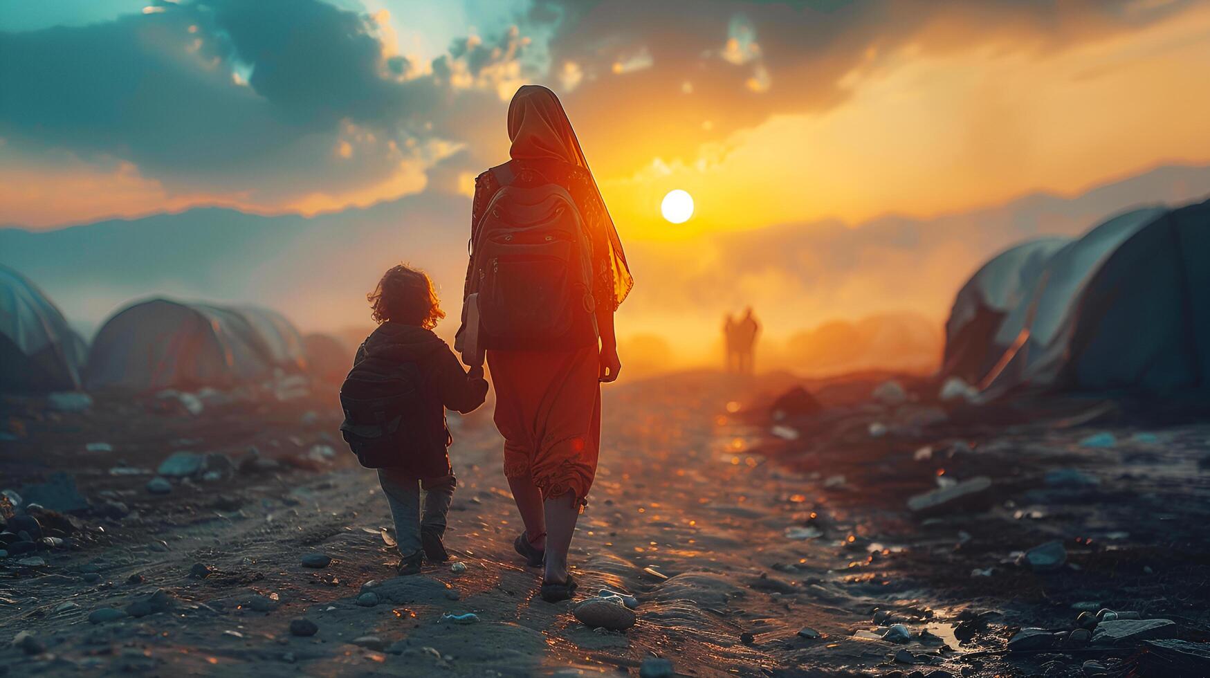 Middle eastern muslim migrant tribal mother and child are fleeing war to refugee camps on the border. AI-Generated photo
