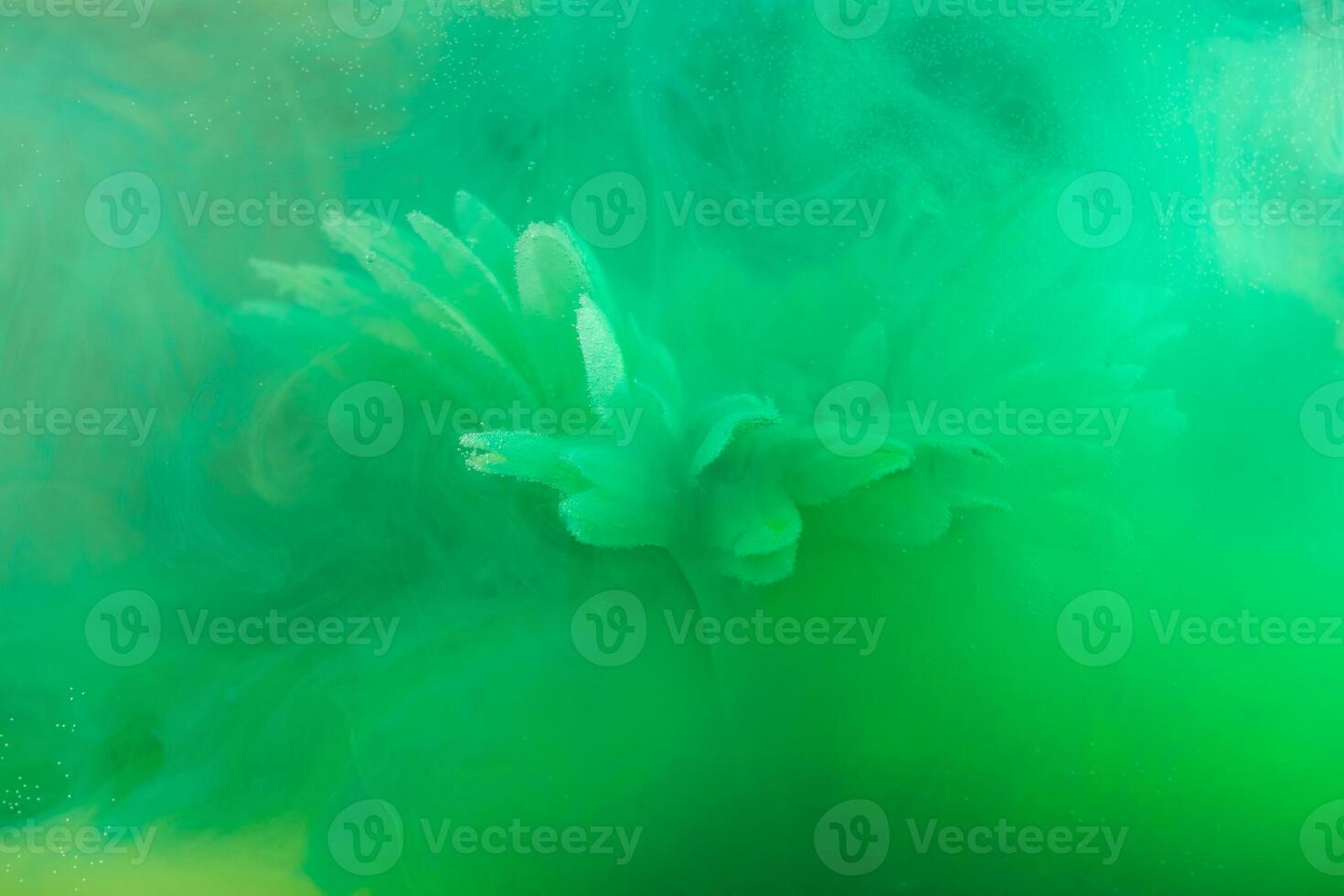beautiful flower with white petals in clouds of green smoke on black background, photo underwater, clouds of paint in water, aquarium, spring concept, creativity, art