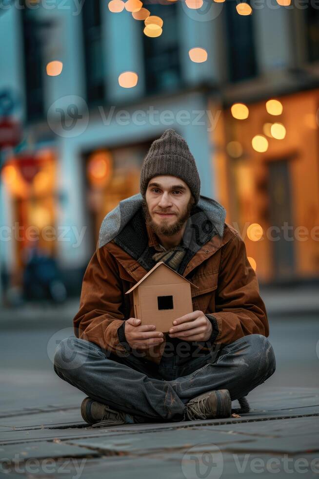 a man sits on the street in the city and holds in his hands a house made of cardboard backing photo